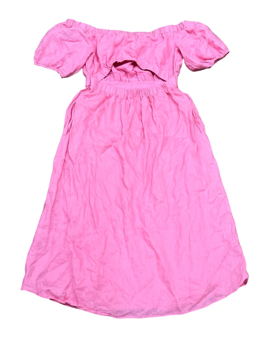 Ever New Milan 100% Linen Bright Pink Bardot Midi Dress | Off-Shoulder Open Back - Picture 10 of 13
